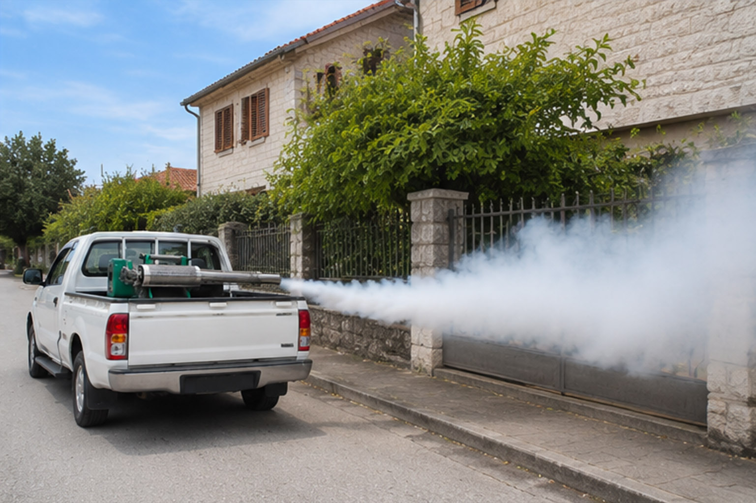 SUV vozilo s mlaznicom za hladno zaprašivanje komaraca ispuhuje smjesu